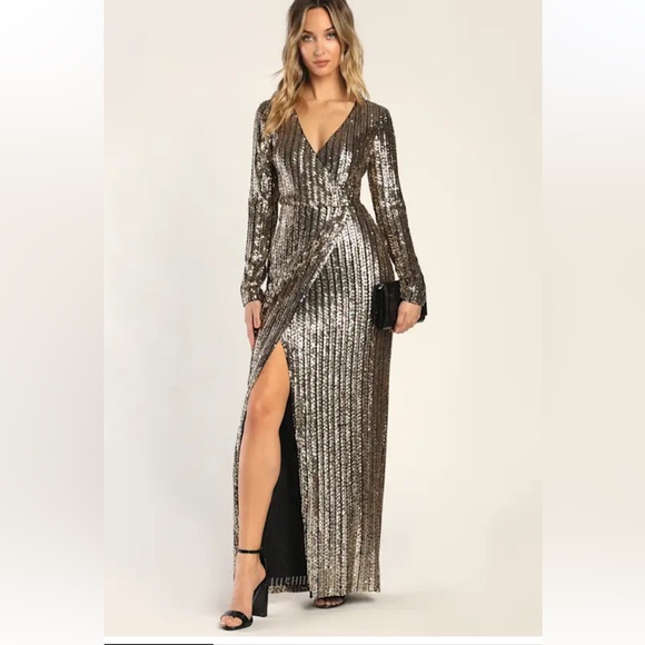 Lulus- SZ XS Love Lasts Forever Gold Sequin Long Sleeve Maxi Dress - Picture 1 of 10